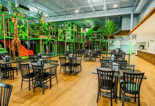 The dining and play area set up for a fundraiser event